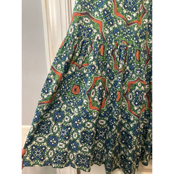 Cara Cara Moroccan Tile Teal Jazzy Midi Dress Size Large Boho Smocked Dress - Picture 10 of 12